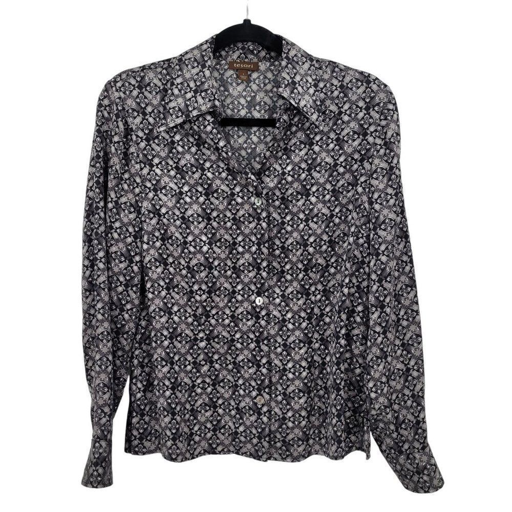 Tresori Silk Blouse Long Sleeve Spread Dagger Collar‎ Button Up S Gray Retro 70s